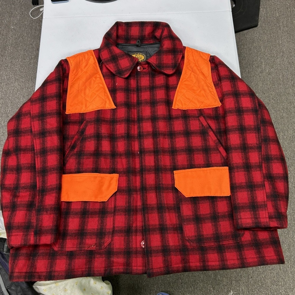 Woolrich Hunting Jacket Mens XL Red Buffalo Plaid Quilted Orange Patches